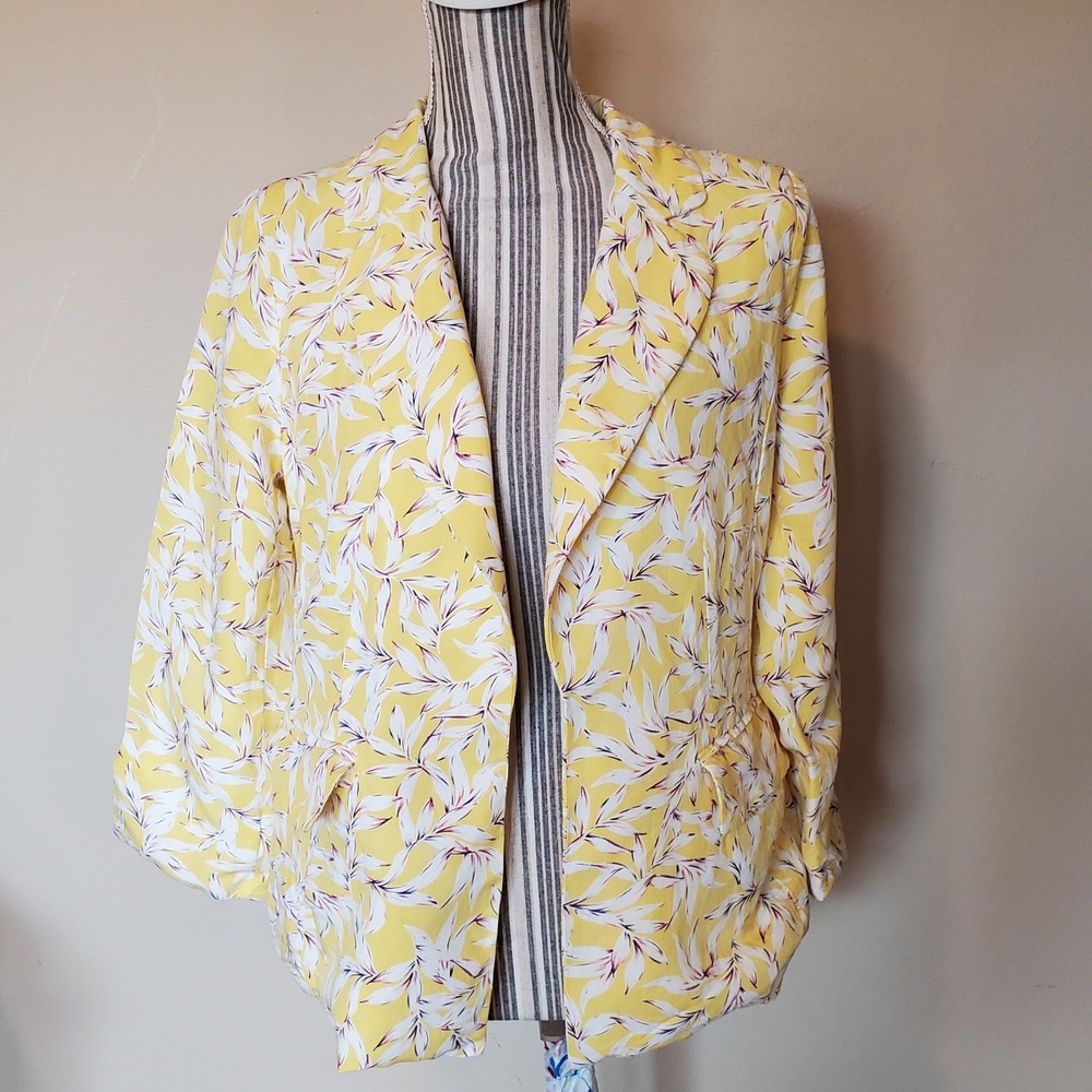 Skies Are Blue Womens Yellow White Leaf Print Rayon Linen Blazer Jacket Size M
